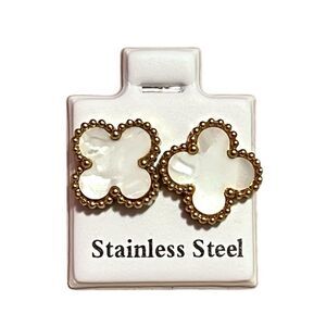 Stainless Steel White Clover Gold Tone Stud Earrings